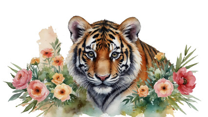 watercolor tiger with flowers border on transparent background, perfect for cards crafting, invitation and greetings