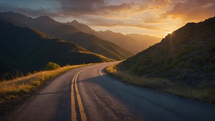 An empty paved road winds through the mountains at sunset