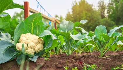 cauliflower grows in organic soil in the garden on the vegetable area generative ai