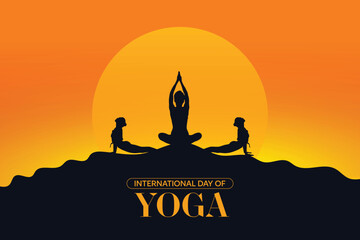 International Yoga Day wishes or greeting banner poster design with sunset, yellow, orange, background, design, social, media, 21st june wishing, vector, illustration