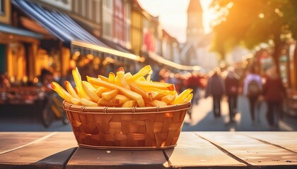 french fries chips in basket on table street junk food oktoberfest banner panorama generative ai