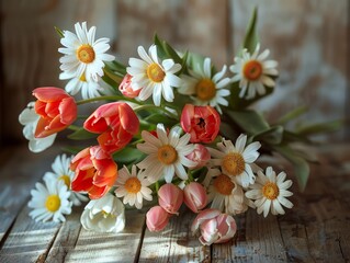 A bouquet of flowers with a mix of white and orange tulips. The flowers are arranged in a vase and placed on a wooden table. Scene is cheerful and bright