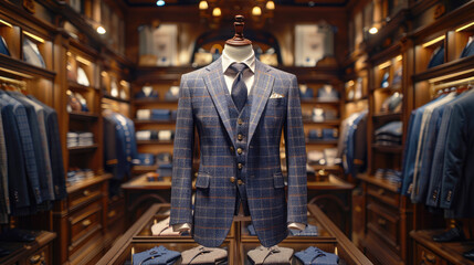 Fashionable mannequin demonstrating a classic men's suit in a respectable showroom, store, men's clothing tailoring studio.