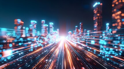 Obraz premium Close-up of global communication network, data transmission and cyber technology, information exchange. Wireless digital communication concept and the future of the Internet.