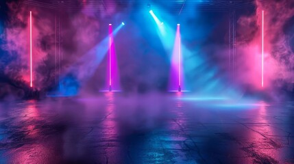 empty stage with colorful lighting laser beams and smoke in dark studio 3d illustration