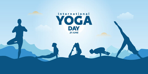 International Yoga Day wishes or greeting banner poster design with sun, cloud, and mountain, view, background, design, social, media, 21st june wishing, poster, banner, vector, illustration