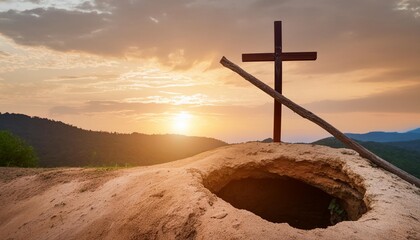 empty tomb with crucifixion at sunrise resurrection concept