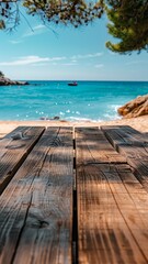 Fototapeta premium A wooden table is on the beach with the ocean in the background. The table is empty and the sky is blue