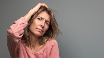 Fototapeta premium Senior mature stylish female retiree suffering from hot menopause flashes or sick headache migraine or megrim with hand on her forehead
