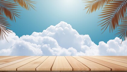 summer background vector white cloud paper cut with wood table top and palm leaf border frame blue sky background for product present beach vacation holiday for sale promo
