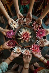 Spiritual Unity on Vesak Day: Diverse People Bonding over Lotus Flowers