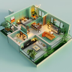3 bedrooms house in metaverse. Green background