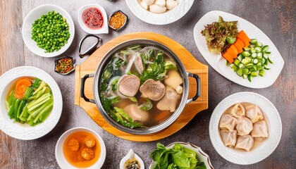 chinese hotpot with broth meat vegetables in bowls top view traditional food national dish asian cuisine china greens plates delicious