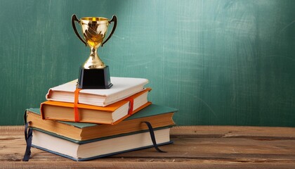 golden trophy on top stack of book