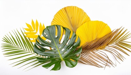 monstera deliciosa and yellow palm tropical leaves isolated on white background