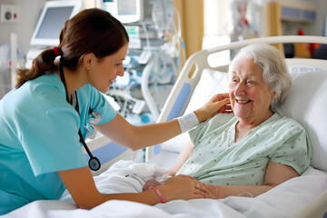 Obraz premium Nurse take care of old senior sick woman patient at hospital room. International Nurses Day concept.