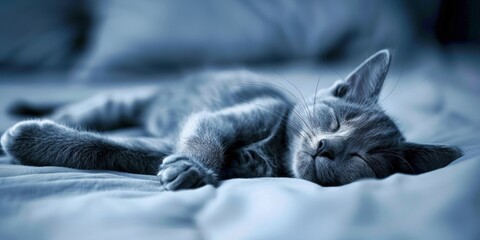 A peaceful grey kitten in a tranquil slumber, the epitome of comfort and serenity on a plush bed.