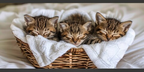 Three sleeping kittens cuddled in a basket, their furry bodies a picture of comfort and serene...