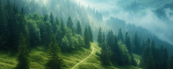 Aerial view of a walking path across the forest with trees in Grindelwald, Bernese Alps, Swiss...
