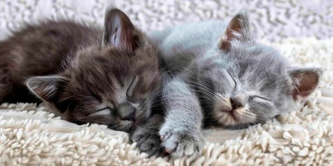 Sleeping kittens, one grey and one brown, snuggle together in a tranquil embrace, radiating pure...