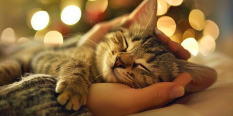 A tabby kitten enjoys a serene nap, cuddled safely in the warmth of a gentle human touch.