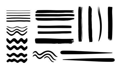 Brush strokes. Vector paintbrush set. Grunge design elements. Ink splatters. Grungy painted objects.