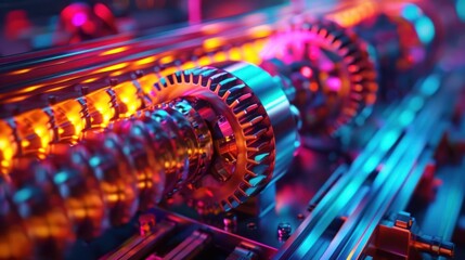 Colorful Lighting Illuminates a HighTech Gear Shaping Machine in a D Rendered Factory