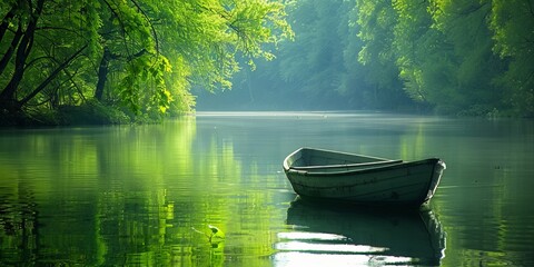 Rowing Boat on a Lake, Surrounded by Green Trees. Beautiful Peaceful Scene.