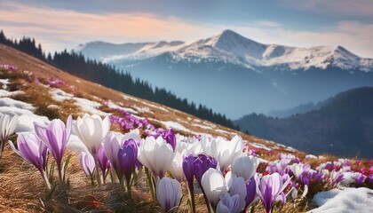 flowering spring flowers fantastic macro photo of crocus safran and snowdrop flowers in mountains...