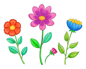 Wax crayon kid drawn colorful flowers isolated on white. Child drawn pastel chalk blooming flowers set