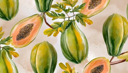 fruit endless design for fabric wrap paper or wallpaper papaya painted with watercolour isolated on a white background food seamless pattern