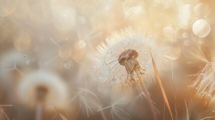 ethereal dandelion seedhead with morning dew drops soft focus macro photography abstract bokeh background digital painting