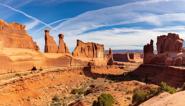 panoramic landscape view of beautiful red rock canyon formations during a vibrant sunny day taken in arches national park located near moab utah united states