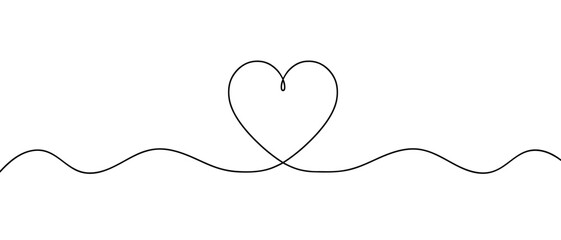 Heart continuous one line drawing, Black and white vector minimalist illustration of love concept made of one line