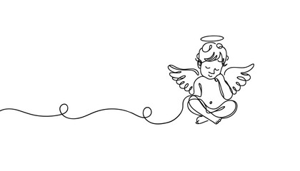 Little baby Christmas Angel flying in sky. Fairy tale book character. Continuous line art