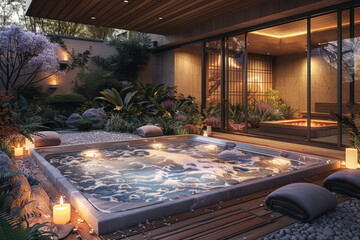 A cozy hot tub surrounded by lush greenery, illuminated with soft candlelight. Created with Ai
