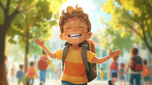 excited little boy with backpack happily returning to school digital illustration