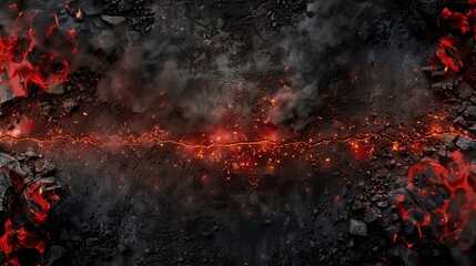 explosive border design dark smoke red lava and rock fragments abstract volcanic eruption concept