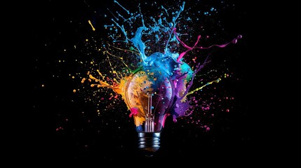 explosive colorful paint splatters lightbulb creative eureka moment inspiration concept - obrazy, fototapety, plakaty