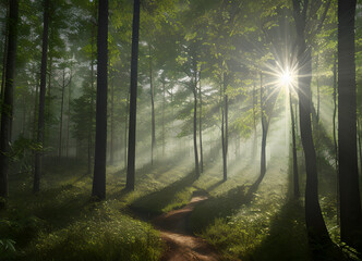 Obraz premium Forest beautiful atmospheric landscape, green forest, with lush greenery, generative ai