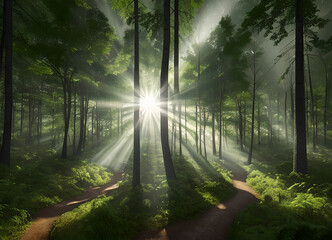 Obraz premium Forest beautiful atmospheric landscape, green forest, with lush greenery, generative ai