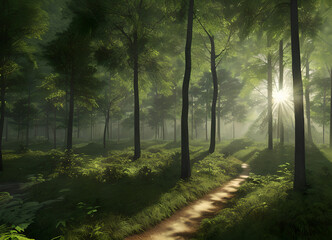 Obraz premium Forest beautiful atmospheric landscape, green forest, with lush greenery, generative ai