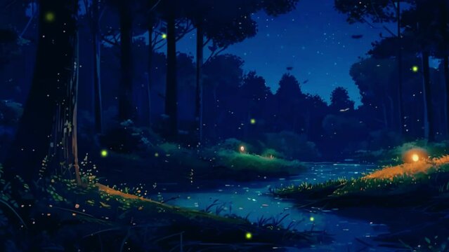 A forest at night, with fireflies lighting up the darkness and owls hooting in the distance, Lofi animation