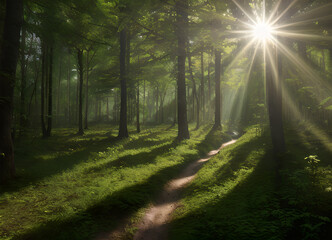 Obraz premium Forest beautiful atmospheric landscape, green forest, with lush greenery, generative ai
