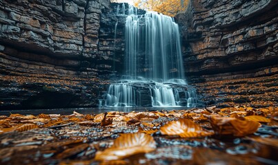 A cascading waterfall over dark rock with autumn leaves in the foreground