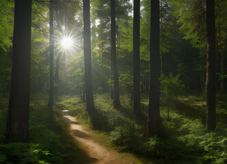 Obraz premium Forest beautiful atmospheric landscape, green forest, with lush greenery, generative ai