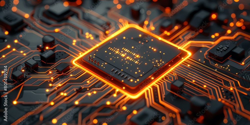 Aufkleber configure technology concept with tool symbol on a microchip. orange neon data flows between the cpu
