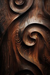 Captivating close-up of intricately carved wooden swirls, showcasing a luxurious polished texture with deep, rich tones