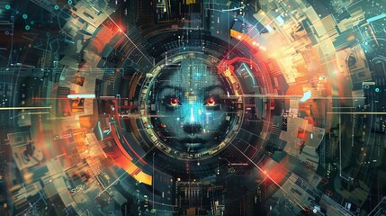 Obraz premium modern graphics digital illustration, generative AI representation, center composition, various AI generated images emerging from the center