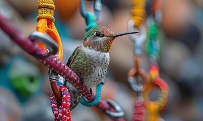 Naklejka premium A hummingbird sits on a rack of climbing gear on a climber's harness
